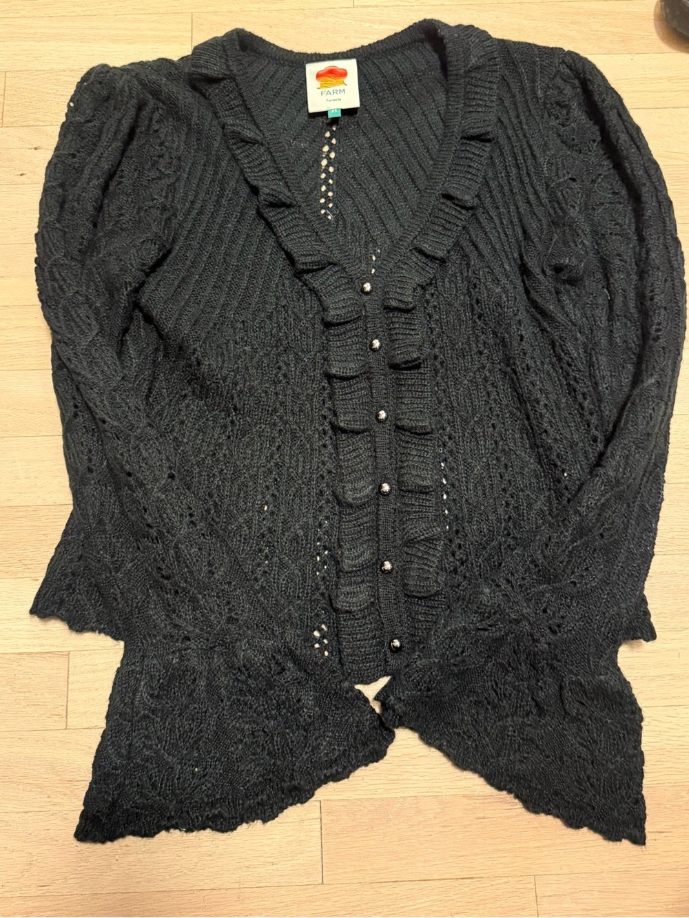 FARM Rio Black Ruffled Knit Button-Front Cardigan